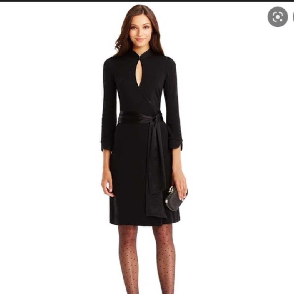 DVF Black China Short Wool & Satin Wrap Dress